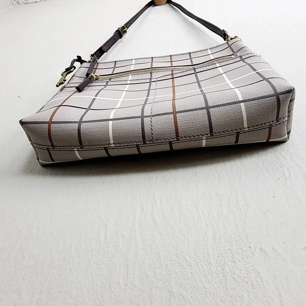 NEW Fossil Fiona Large Crossbody Bag Gray Beige Plaid Neutral Checkered Purse